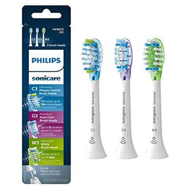 Philips Sonicare Genuine Replacement Toothbrush Heads Variety Pack, C3 Premium Plaque Control, G3 Premium Gum Care & W3 Premium White, 3 Brush Heads, White, HX9073/65