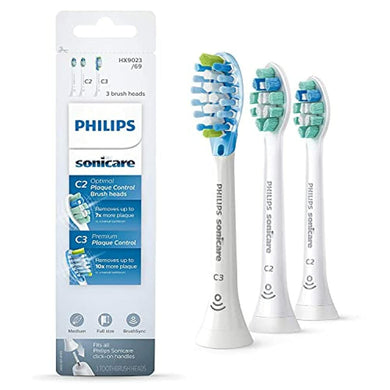 Philips Sonicare Genuine Toothbrush Head Variety Pack, C3 Premium Plaque Control and C2 Optimal Plaque Control, 3 Brush Heads, White, HX9023/6