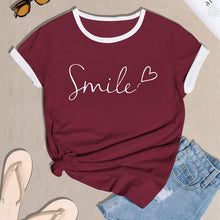 Load image into Gallery viewer, Womens T Shirts Short Sleeve Crewneck Color Block Smile Letter Graphic