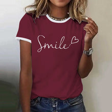 Load image into Gallery viewer, Womens T Shirts Short Sleeve Crewneck Color Block Smile Letter Graphic