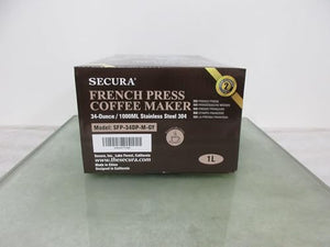 Secura French Press Coffee Maker, 304 Grade Stainless Steel Insulated Coffee Press with 2 Extra Screens, 34oz (1 Litre), Silver