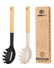 Load image into Gallery viewer, Pack of 2 Spaghetti Spoon, Silicone Pasta Fork with Wooden Handle, Heat Resistant Noodle Spoon Server, BPA Free Spaghetti Strainer(BLACK-RED)