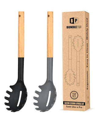 Pack of 2 Spaghetti Spoon, Silicone Pasta Fork with Wooden Handle, Heat Resistant Noodle Spoon Server, BPA Free Spaghetti Strainer(BLACK-RED)