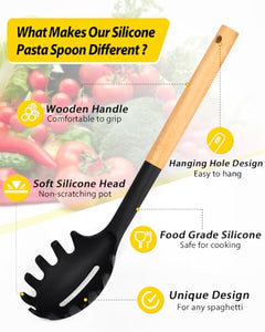 Pack of 2 Spaghetti Spoon, Silicone Pasta Fork with Wooden Handle, Heat Resistant Noodle Spoon Server, BPA Free Spaghetti Strainer(BLACK-RED)