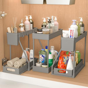 3PC Under Sink Organizer Rack 2 Tier Under Sliding Cabinet Basket Organizer Drawer, Multi-purpose Under Sink Storage for Bathroom Kitchen Desktop (Black)