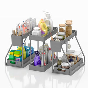3PC Under Sink Organizer Rack 2 Tier Under Sliding Cabinet Basket Organizer Drawer, Multi-purpose Under Sink Storage for Bathroom Kitchen Desktop (Black)