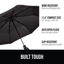 Load image into Gallery viewer, Windproof Compact Stick Umbrella for Rain, Travel One-Click Automatic Open and Close, Lightweight, Portable, Strong Reinforced Fiberglass Ribs, Easily Collapsible, Black