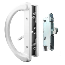 Load image into Gallery viewer, Patio Door Handle Set + Mortise Lock 45° Perfect Replacement for Sliding Glass Door Fits 3-15/16” Screw Hole Spacing, Non-keyed with Latch Locks,White Diecast,Reversible Design(Non-Handed)