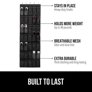 Over the Door Shoe Organizer, 24 Large Breathable Mesh Pockets, Space Saving Hanging Storage Holder, Closet Rack Hanger Holds Up to 40 lbs, Hangs on Closets for Shoes, Accessories, Black
