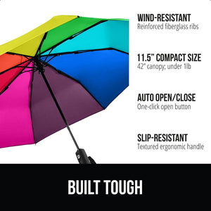 Windproof Compact Stick Umbrella for Rain, Travel One-Click Automatic Open and Close, Lightweight, Portable, Strong Reinforced Fiberglass Ribs, Easily Collapsible, Black