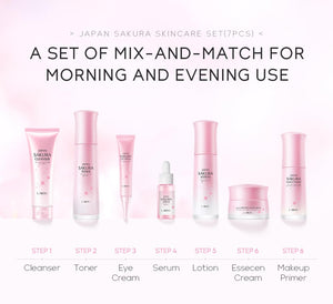 Skin Care Set JAPAN SAKURA Beauty Gift Sets Skin Care Kit with Cleanser, Toner, Lotion, Serum, Eye Cream, Face Cream, Make up Primer Travel Kit for Women Wife Mom 7pcs