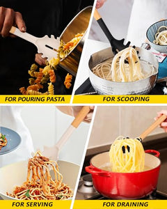 Pack of 2 Spaghetti Spoon, Silicone Pasta Fork with Wooden Handle, Heat Resistant Noodle Spoon Server, BPA Free Spaghetti Strainer(BLACK-RED)
