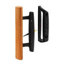 Load image into Gallery viewer, Mortise Style Reversible Sliding Patio Door Handle Set with Oak Wood Interior Handle and Exterior Pull in White Diecast Finish Fits 3-15/16” Screw Hole Spacing, Non-keyed with Latch Locks (Black)