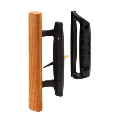 Mortise Style Reversible Sliding Patio Door Handle Set with Oak Wood Interior Handle and Exterior Pull in White Diecast Finish Fits 3-15/16” Screw Hole Spacing, Non-keyed with Latch Locks (Black)