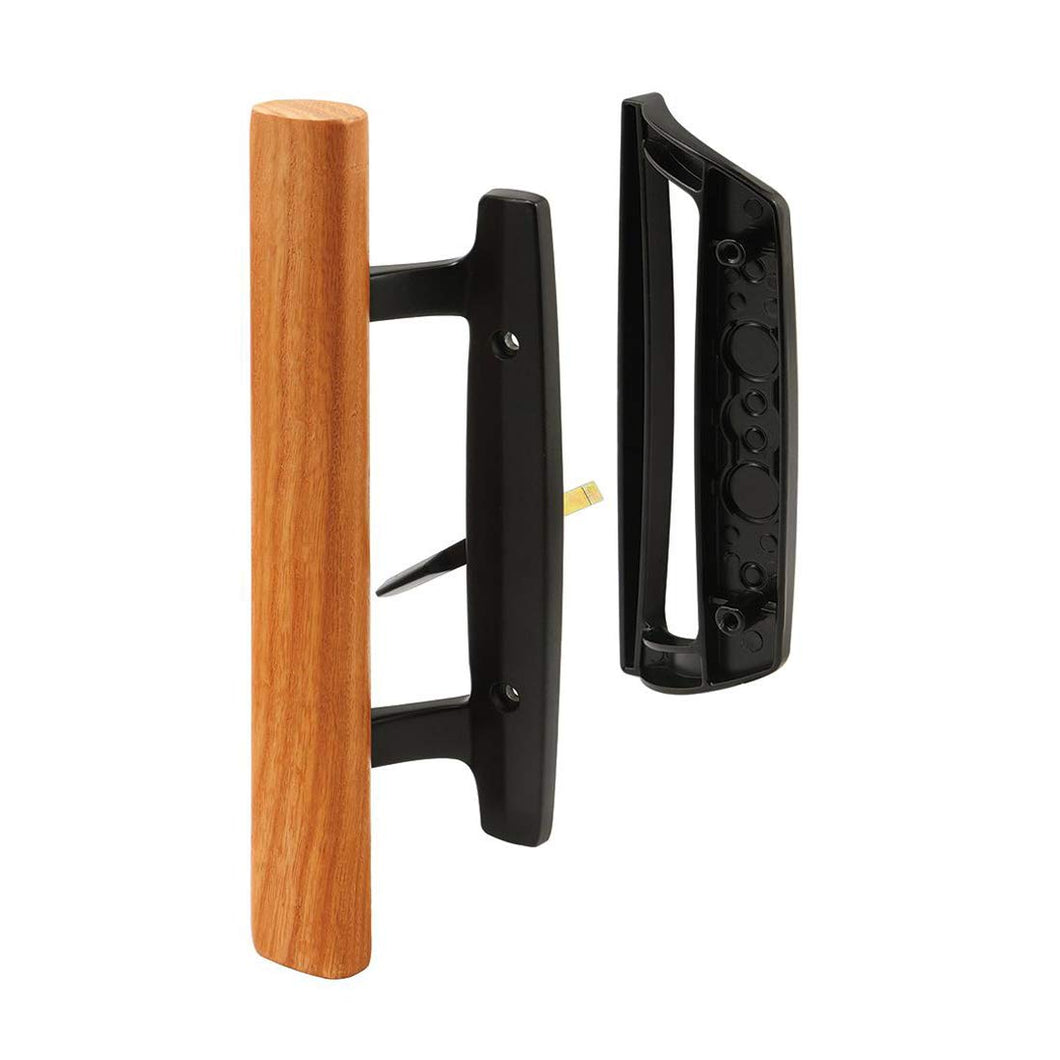Mortise Style Reversible Sliding Patio Door Handle Set with Oak Wood Interior Handle and Exterior Pull in White Diecast Finish Fits 3-15/16” Screw Hole Spacing, Non-keyed with Latch Locks (Black)