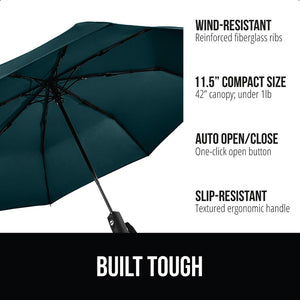 Windproof Compact Stick Umbrella for Rain, Travel One-Click Automatic Open and Close, Lightweight, Portable, Strong Reinforced Fiberglass Ribs, Easily Collapsible, Black