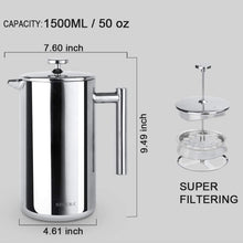 Load image into Gallery viewer, Secura French Press Coffee Maker, 304 Grade Stainless Steel Insulated Coffee Press with 2 Extra Screens, 34oz (1 Litre), Silver
