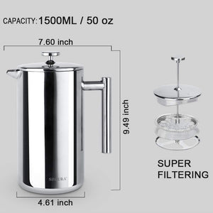 Secura French Press Coffee Maker, 304 Grade Stainless Steel Insulated Coffee Press with 2 Extra Screens, 34oz (1 Litre), Silver