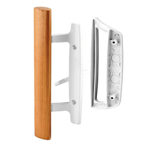 Mortise Style Reversible Sliding Patio Door Handle Set with Oak Wood Interior Handle and Exterior Pull in White Diecast Finish Fits 3-15/16” Screw Hole Spacing, Non-keyed with Latch Locks (Black)