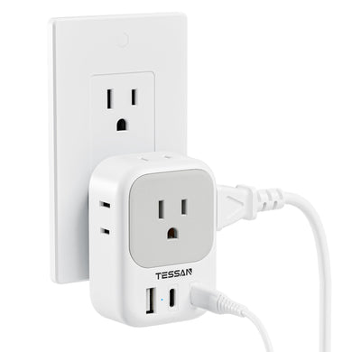 USB Wall Charger, Wall Plug Adapter Outlet Extender, TESSAN 3 Charger Block (1 USB C Port), Multi Charging Station for Cruise, Bathroom, Office, Dorm Essentials