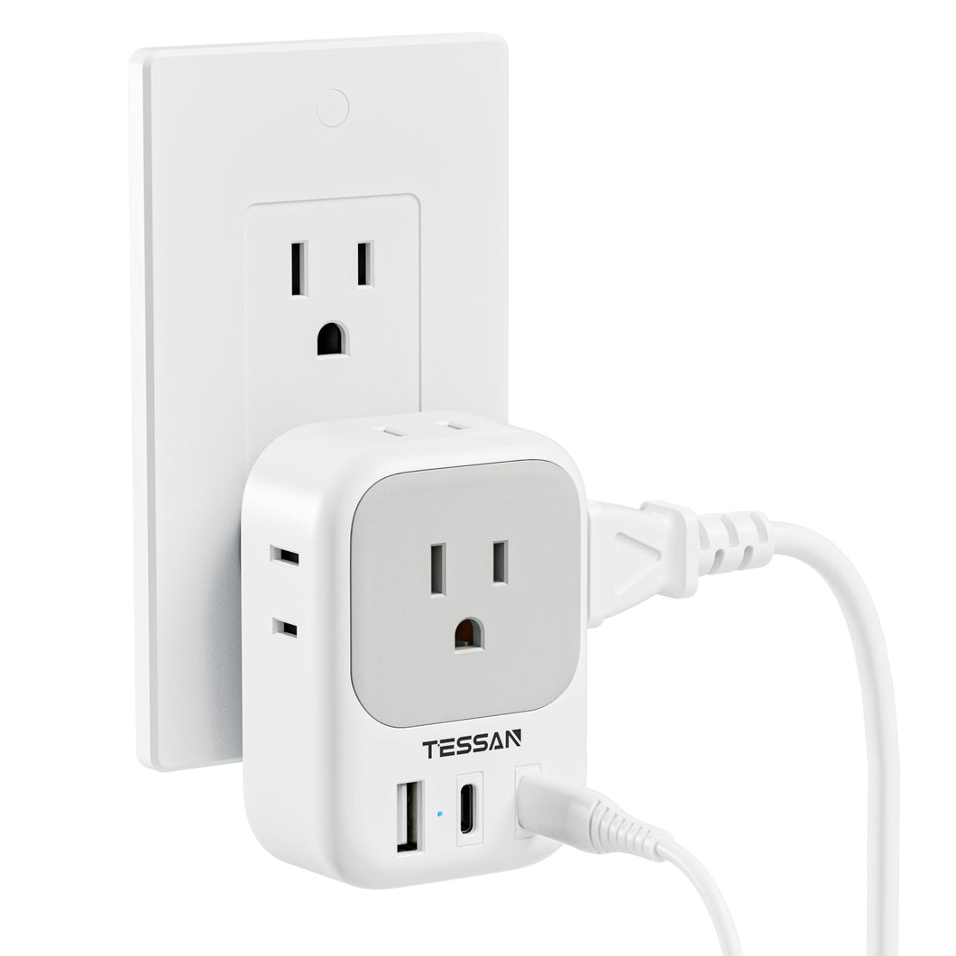 USB Wall Charger, Wall Plug Adapter Outlet Extender, TESSAN 3 Charger Block (1 USB C Port), Multi Charging Station for Cruise, Bathroom, Office, Dorm Essentials