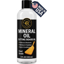 Load image into Gallery viewer, Mineral Oil for Wood Cutting Board - 8 oz Food Grade Wood Oil, Cutting Board Oil and Butcher Block Oil Conditioner, Food Safe Mineral Oil for Bamboo, Teak, Utensils and Wood Surfaces by Bambüsi
