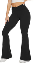 Load image into Gallery viewer, TNNZEET Black Flare Leggings for Women, Crossover Yoga Pants with Pockets Bootcut Flared Leggings