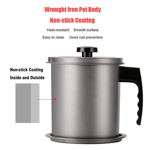Bacon Grease Container with Fine Mesh Strainer, 1.3 L almost 6 Full Cups Iron Cooking Oil Can with Removable a Coaster Tray for Kitchen Fat Storage Black