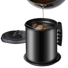 Load image into Gallery viewer, Bacon Grease Container with Fine Mesh Strainer, 1.3 L almost 6 Full Cups Iron Cooking Oil Can with Removable a Coaster Tray for Kitchen Fat Storage Black