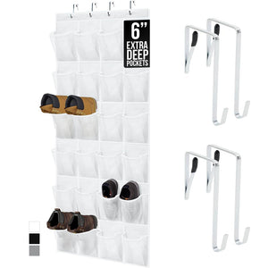 Over the Door Shoe Organizer, 24 Large Breathable Mesh Pockets, Space Saving Hanging Storage Holder, Closet Rack Hanger Holds Up to 40 lbs, Hangs on Closets for Shoes, Accessories, Black