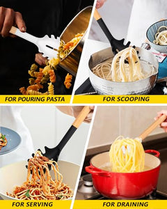 Pack of 2 Spaghetti Spoon, Silicone Pasta Fork with Wooden Handle, Heat Resistant Noodle Spoon Server, BPA Free Spaghetti Strainer(BLACK-RED)