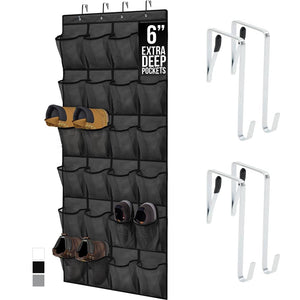 Over the Door Shoe Organizer, 24 Large Breathable Mesh Pockets, Space Saving Hanging Storage Holder, Closet Rack Hanger Holds Up to 40 lbs, Hangs on Closets for Shoes, Accessories, Black