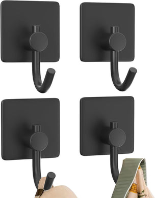 Self Adhesive Hooks,Heavy Duty Stick On Wall and Door Hooks for Hanging,Bathroom Towel Hooks and Kitchen Hallway Sticky Black Hooks,Coat Hooks Robe Hook Wall Mounted,Stainless Rustproof,4 Pack
