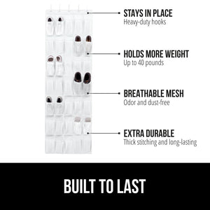 Over the Door Shoe Organizer, 24 Large Breathable Mesh Pockets, Space Saving Hanging Storage Holder, Closet Rack Hanger Holds Up to 40 lbs, Hangs on Closets for Shoes, Accessories, Black