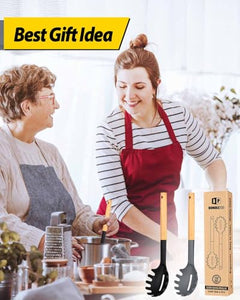Pack of 2 Spaghetti Spoon, Silicone Pasta Fork with Wooden Handle, Heat Resistant Noodle Spoon Server, BPA Free Spaghetti Strainer(BLACK-RED)