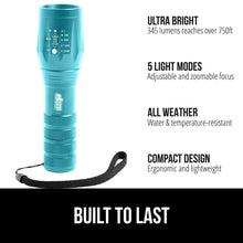 Load image into Gallery viewer, Powerful LED Tactical Flashlight, 750 FT High Lumens 5 Adjustable Modes, Water Resistant, Ultra Bright Zoom Flashlights, Small Mini Flash Light, Camping, Night Dog Walking, Turquoise