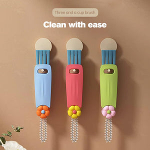 3-in-1 Cup Lid Cleaning Brush Set, 3 Pack Mini Multi-Functional Crevice Cleaning Brushes, Soft & Hard Bristle Brush Heads, Hook-Style Remover, Suitable for Cups, Bottles, Kettles & More