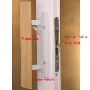 Sliding Glass Door Handle Set Oak Wood Interior Handle and Exterior Pull White Diecast Finish+Mortise Lock 45° Keyway Fits 3-15/16” Screw Hole Spacing, Non-keyed with Latch Locks(White)