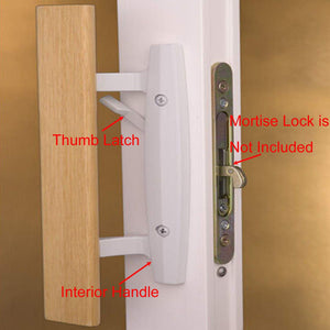 Mortise Style Reversible Sliding Patio Door Handle Set with Oak Wood Interior Handle and Exterior Pull in White Diecast Finish Fits 3-15/16” Screw Hole Spacing, Non-keyed with Latch Locks (Black)