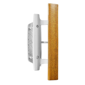 Mortise Style Reversible Sliding Patio Door Handle Set with Oak Wood Interior Handle and Exterior Pull in White Diecast Finish Fits 3-15/16” Screw Hole Spacing, Non-keyed with Latch Locks (Black)