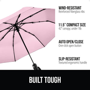 Windproof Compact Stick Umbrella for Rain, Travel One-Click Automatic Open and Close, Lightweight, Portable, Strong Reinforced Fiberglass Ribs, Easily Collapsible, Black