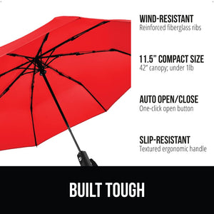 Windproof Compact Stick Umbrella for Rain, Travel One-Click Automatic Open and Close, Lightweight, Portable, Strong Reinforced Fiberglass Ribs, Easily Collapsible, Black