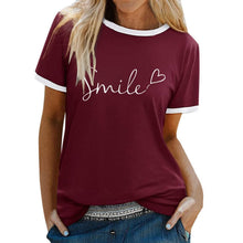 Load image into Gallery viewer, Womens T Shirts Short Sleeve Crewneck Color Block Smile Letter Graphic
