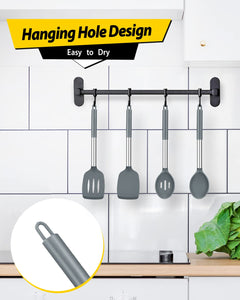 Pack of 4 Silicone Cooking Utensils Set, Non Stick Large Solid Spatulas, Heat Resistant Black Slotted Spoons, Ideal BPA Free Kitchen Turners for Frying, Mixing,Serving,Draining,Turning,Stirring