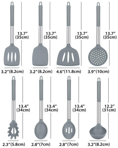 Silicone Cooking Utensil Set, 8Pcs Non-stick Cookware with Stainless Steel Handle, BPA Free Heat Resistant Kitchen Tools with Spatulas, Turners, Spoons, Skimmer and Pasta Fork
