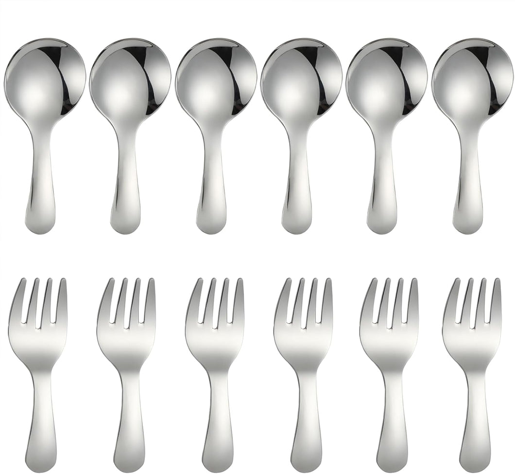 Stainless Steel Short Handle Thickened Small Round Spoons and Forks For Honey Candy Coffee Tea Salt Jam and Mustard - Ice Cream Dessert Spoon