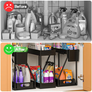 3PC Under Sink Organizer Rack 2 Tier Under Sliding Cabinet Basket Organizer Drawer, Multi-purpose Under Sink Storage for Bathroom Kitchen Desktop (Black)
