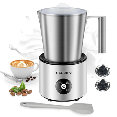 Secura 4-in-1 Automatic Milk Frother, 17oz Teflon-Free Stainless Steel Jug, Hot/Cold Foam Maker & Milk Warmer for Latte, Cappuccino, Macchiato, Hot Chocolate, Includes Silicone Spatula & 2 Whisks