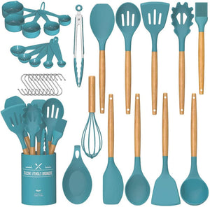 Umite Chef Kitchen Cooking Utensils Set, 33 pcs Non-Stick Silicone Cooking Kitchen Utensils Spatula Set with Holder, Wooden Handle Silicone Kitchen Gadgets Utensil Set (Khaki)