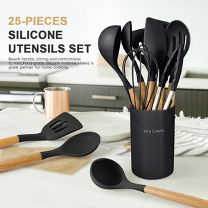 Kitchen Cooking Utensils Set,29 pcs Non-Stick Silicone Cooking Kitchen Utensils Set with Holder, Wooden Handle Silicone Kitchen Gadgets Utensil Set Spatula Turner Spoon Tongs Whisk (White)